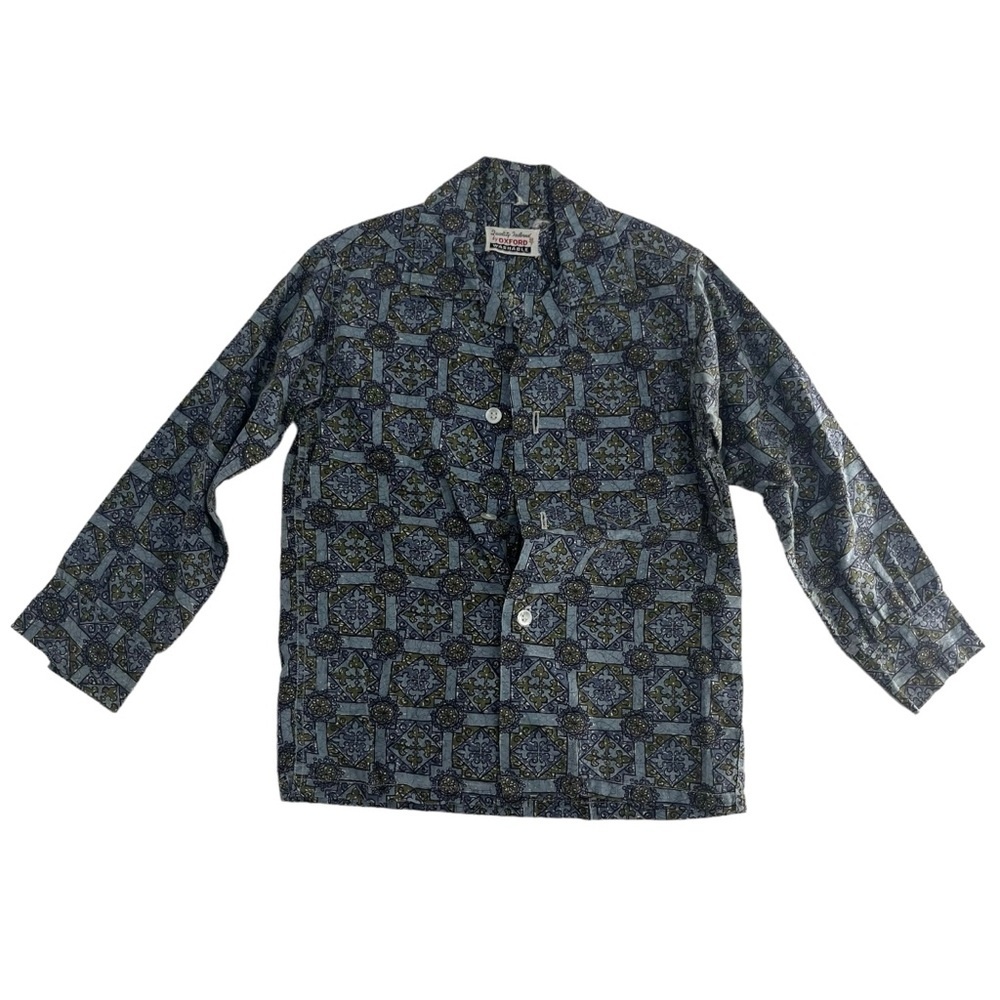 Vintage Oxford Shirt Kids 6X Blue Loop Collar Geometric Paisley 50s‎ Antique